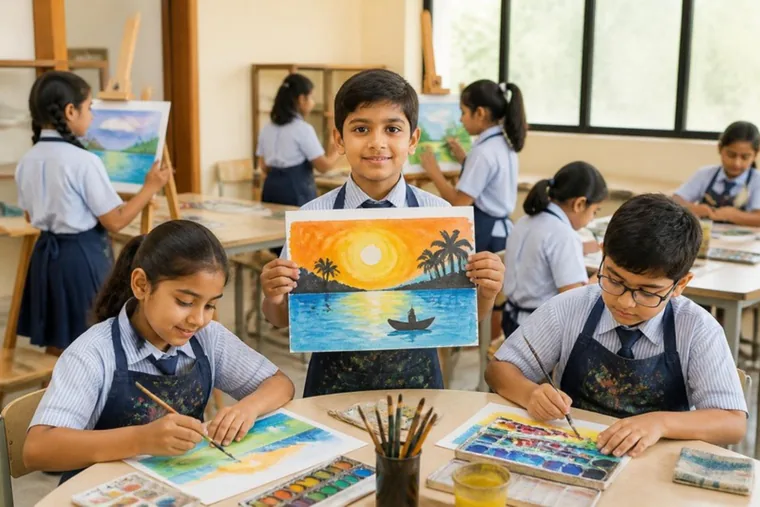 Children painting with watercolours in the art room