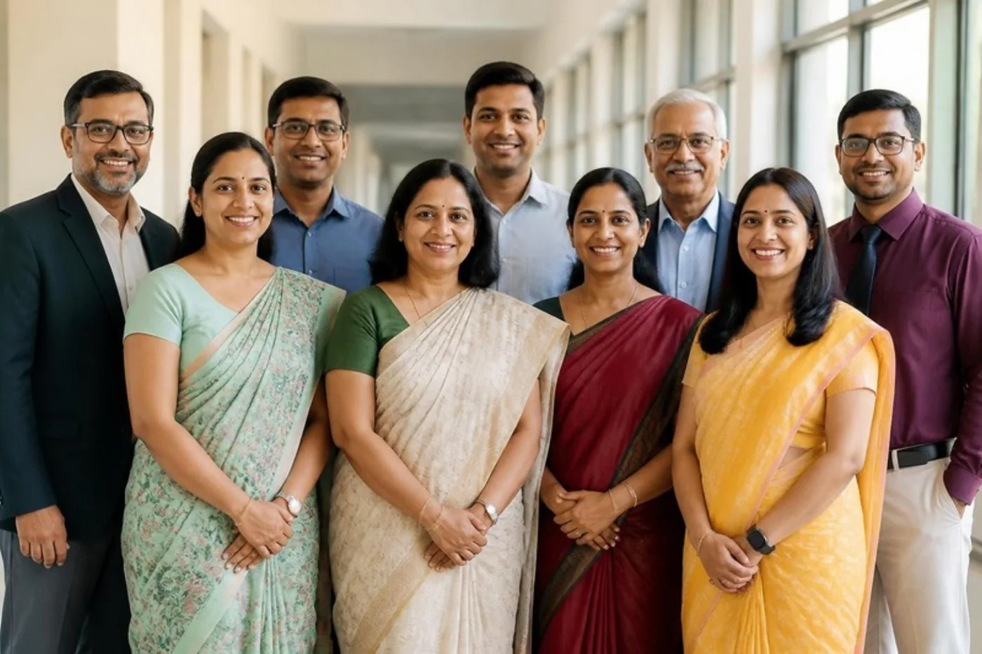 Smiling teachers standing together in a school corridor